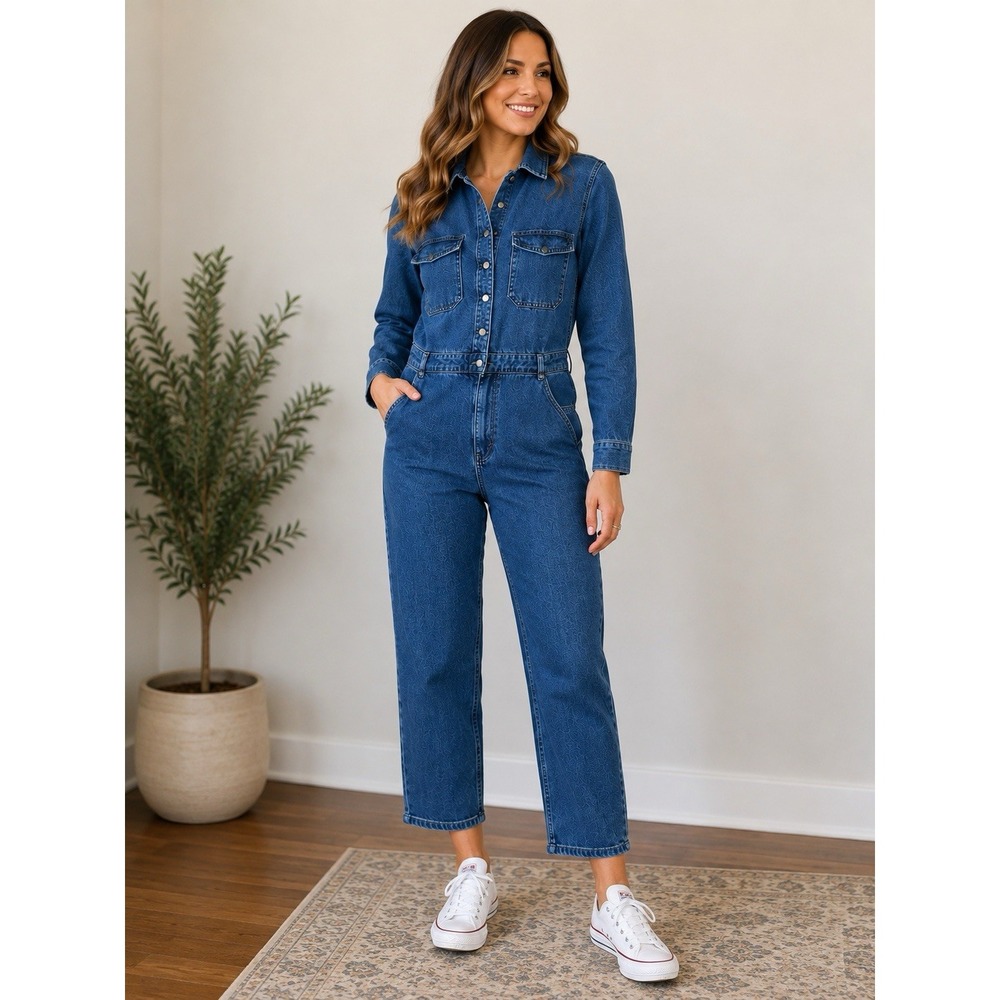 DL1961 Women's M Denim Utility Jumpsuit Blue Jean Long Sleeve Cropped 26" Inseam
